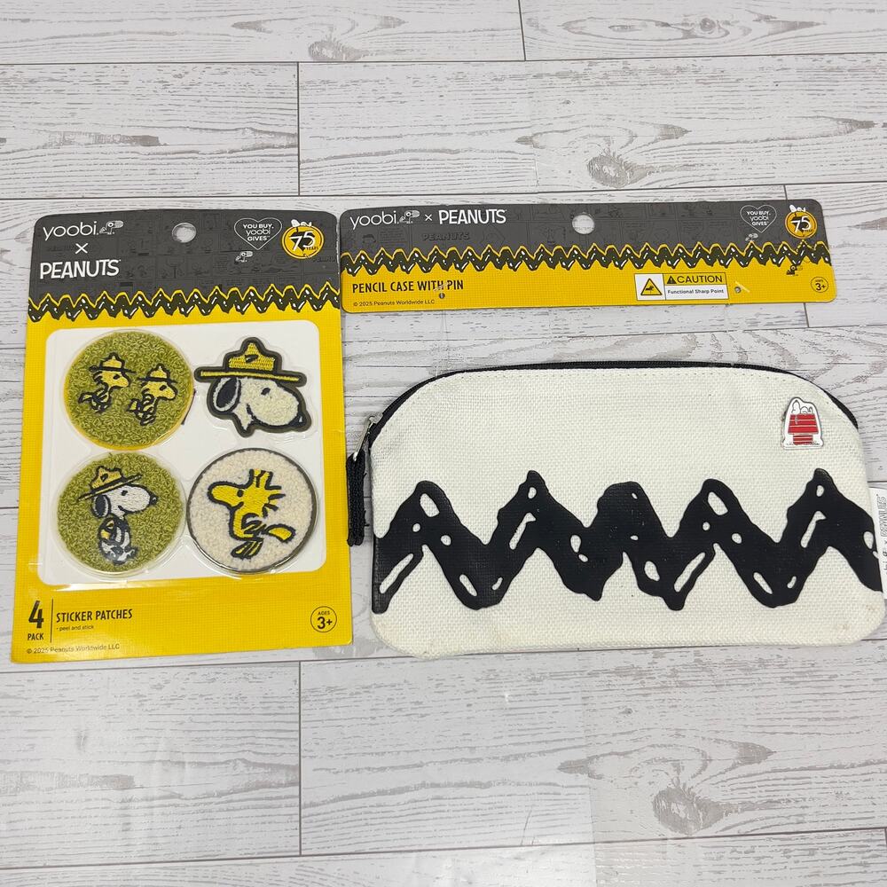 Yoobi X Peanuts Snoopy Fuzzy Sticker Patches 4pk & Pencil Case With Pin Set